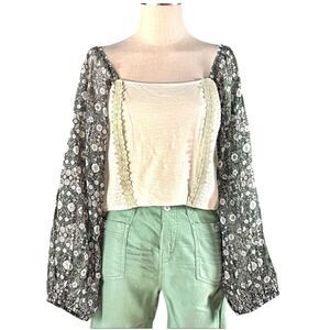 NWT Anthropologie Forever That Girl Balloon Sleeve Lace Up Back Smocked Top L